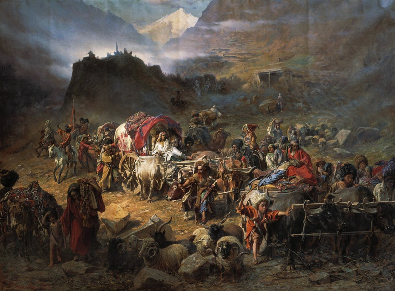 Os alpinistas deixam o Aul antes da aproximação do exército russo, 1872 de Pyotr Nikolayevich Grusinsky