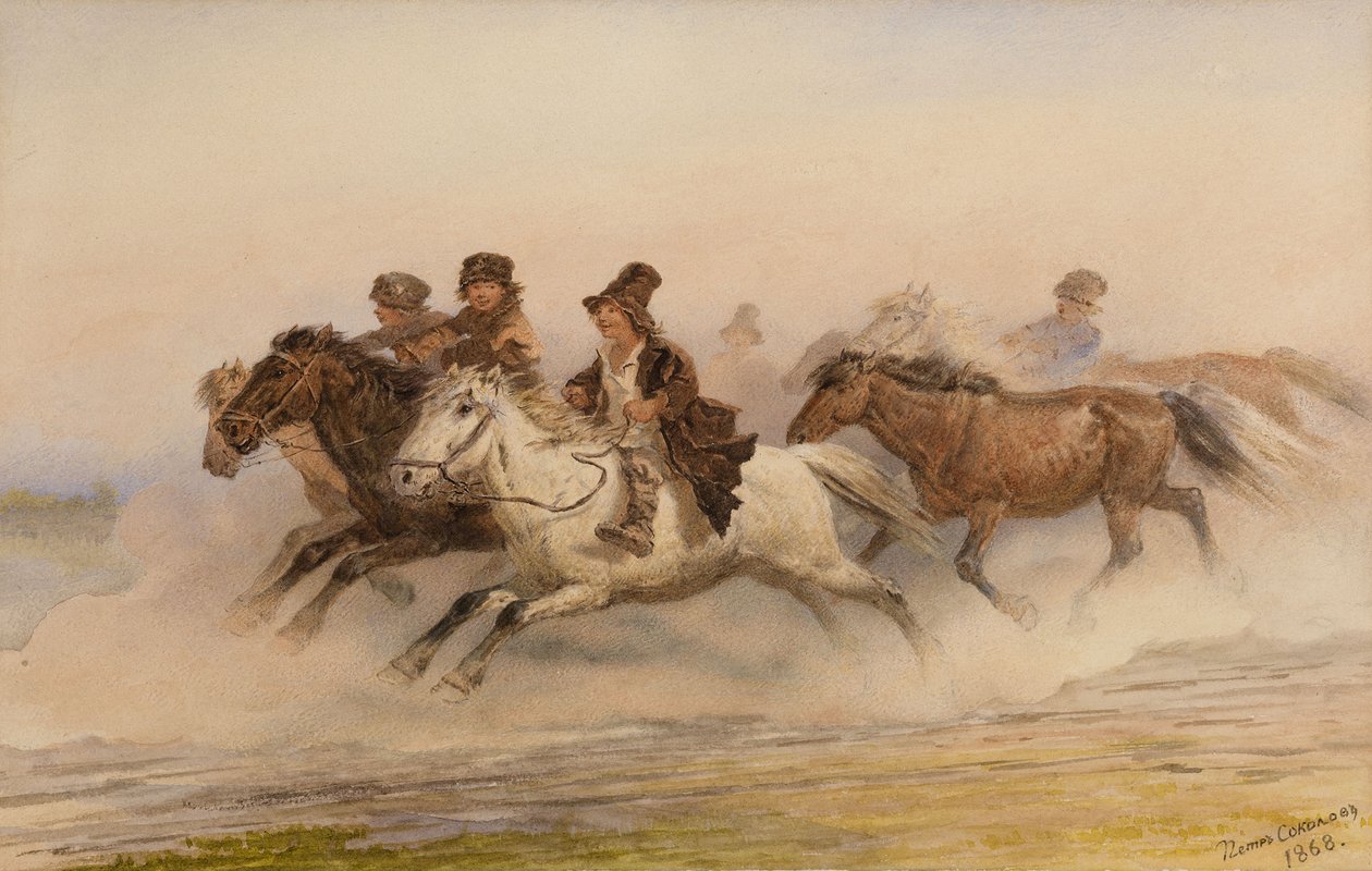 A Ronda Noturna. Ilustração para esboços de um álbum de caçador por I. Turgenev, 1867 de Pyotr Petrovich Sokolov