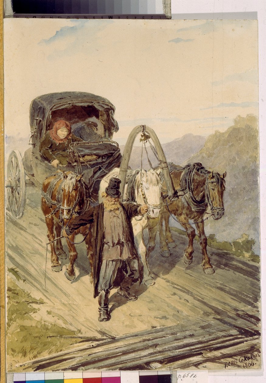 Troika (carruagem russa puxada por três cavalos). Obra de Pyotr (Piotr) Petrovich Sokolov (1821-1899), aquarela sobre papel de Pyotr Petrovich Sokolov