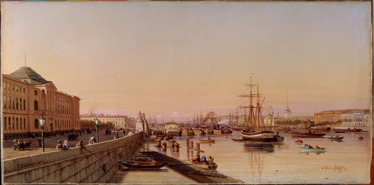 Noite de verão na margem do Neva, perto da Academia de Artes de São Petersburgo. Pintura de Pyotr Petrovich Vereschagin (Vereshchagin, Vereshchagin) (1836-1886), óleo sobre tela, cerca de 1870. Arte russa de Pjotr ​​​​Petrowitsch Wereschtschagin