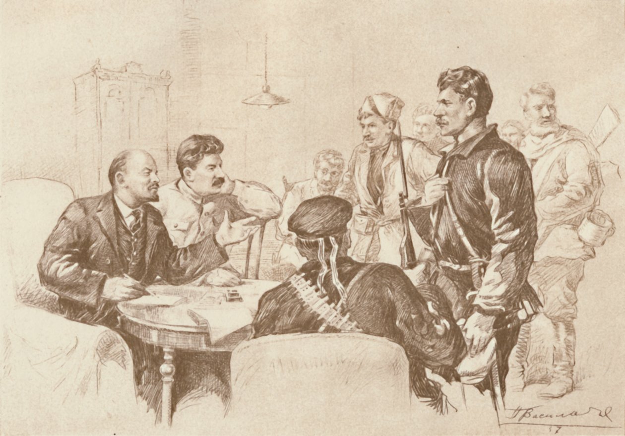 Lenin e Stalin falando aos guardas vermelhos no Smolny, 1917, 1939. de Pyotr Vasilyev