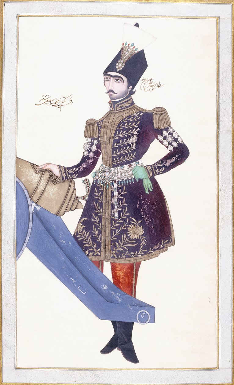 Retrato de Nasir al-Din Shah, mão descansando em um canhão, c. 1853-4 de Qajar School