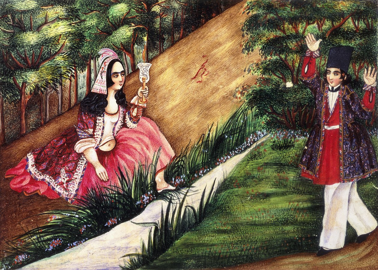 A juventude chega a uma menina por um córrego, c.1863-4 de Qajar School
