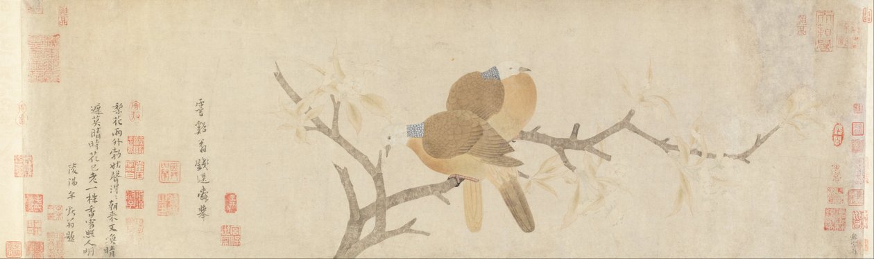 Pombas e flores de pêra depois da chuva de Qian Xuan