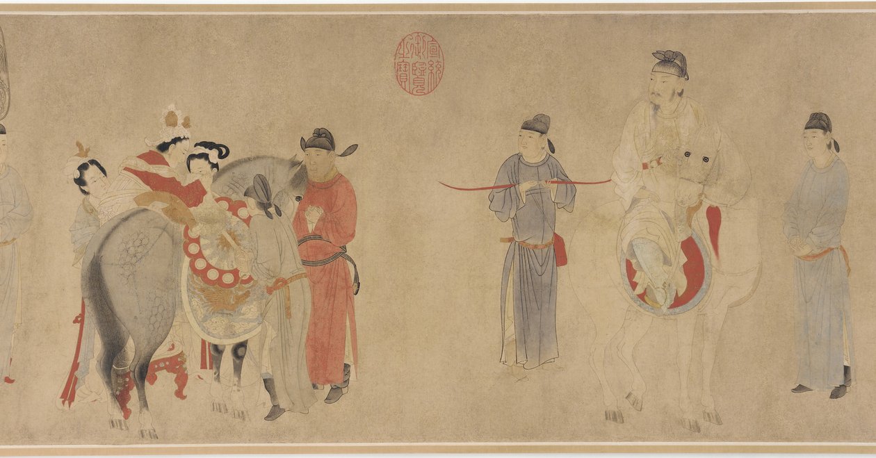 Consort Yang Montando um cavalo, Yuan tardio ou dinastia Ming (tinta e cor no papel) de Qian Xuan