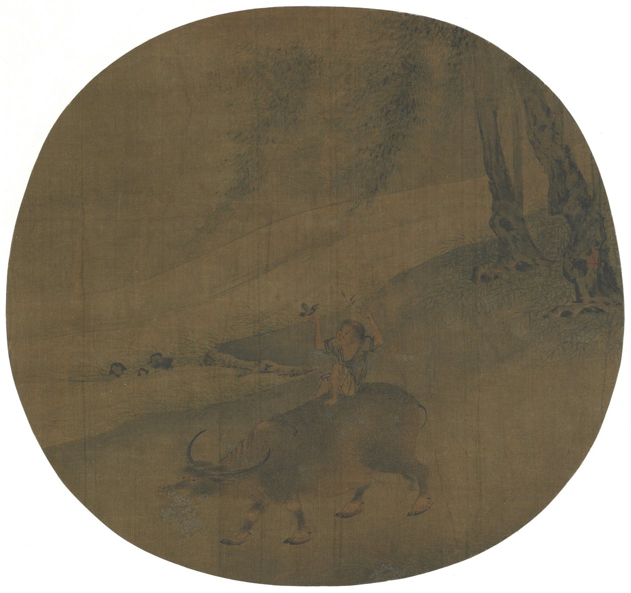 Menino em um búfalo de água, dinastia Ming, do século 16 ao 17 (tinta e cor na seda) de Qin Shunyou