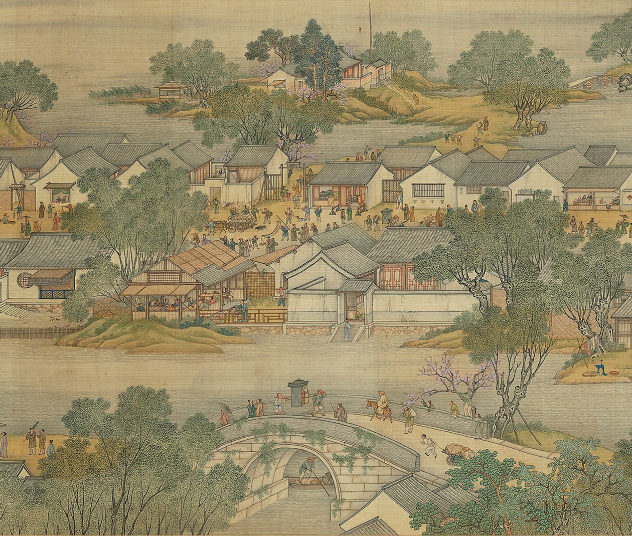Ao longo do rio Durante o Festival de Qingming, Qing Tribunal Versão, pergaminho de mão, 1736 de Qing Dynasty Chinese School