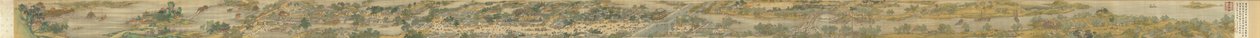 Ao longo do rio Durante o Festival de Qingming, Versão do Tribunal Qing, pergaminho de mão, 1736 (tinta e cor na seda) de Qing Dynasty Chinese School