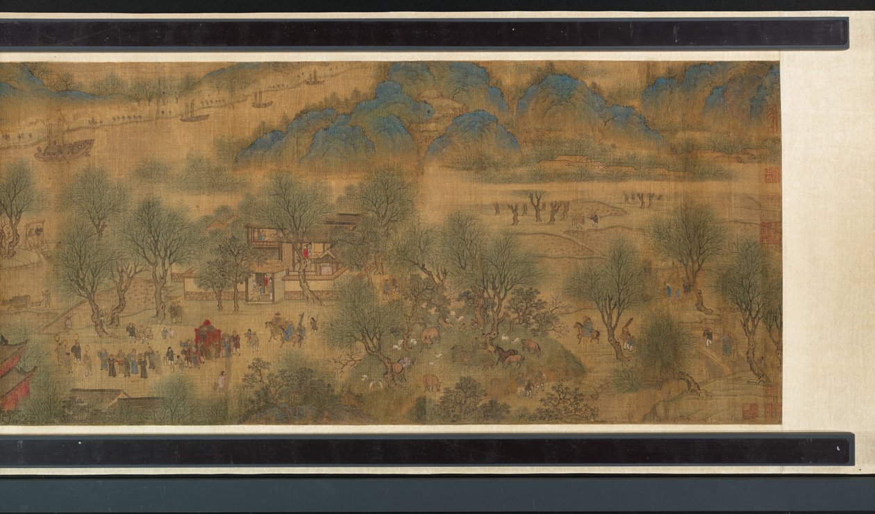 Festival da primavera no rio (detalhe), handscroll de Qing Dynasty Chinese School