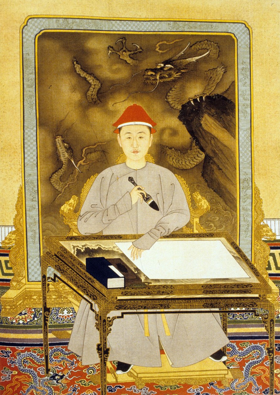 Heng Tsu ou Kangxi, Imperador da China na sua Mesa de Escrita de Qing Dynasty   Kangxi Period Chinese School