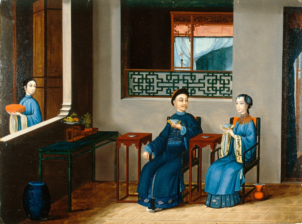 Um casal a beber chá, c.1800 (óleo sobre tela) de Qing Dynasty Chinese School