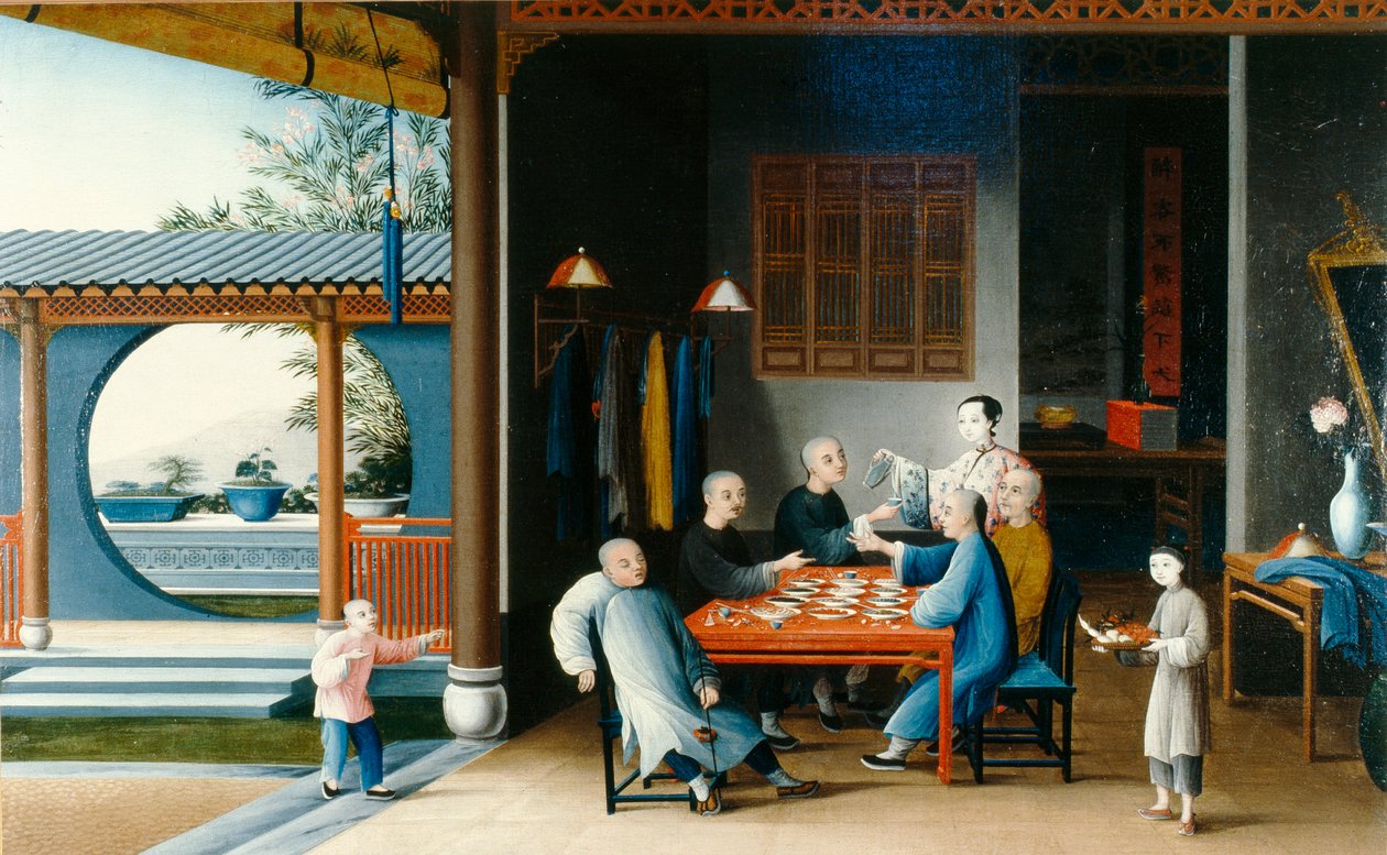 Uma cena de jantar, c.1800 (óleo sobre tela) de Qing Dynasty Chinese School