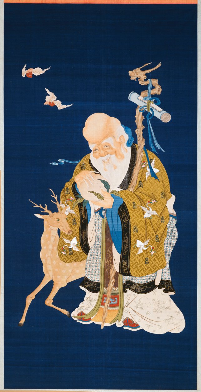 Um grande pergaminho kesi pendurado representando Shoulao segurando um pêssego, abraçando um caule de raiz com uma cabeça de dragão ao lado de um cervo e dois morcegos em vôo, 1796-1820 de Qing Dynasty Chinese School