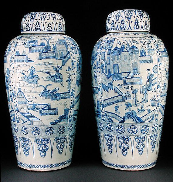Um par de vasos azuis e brancos de soldado, c.1700 (porcelana) de Qing Dynasty Chinese School