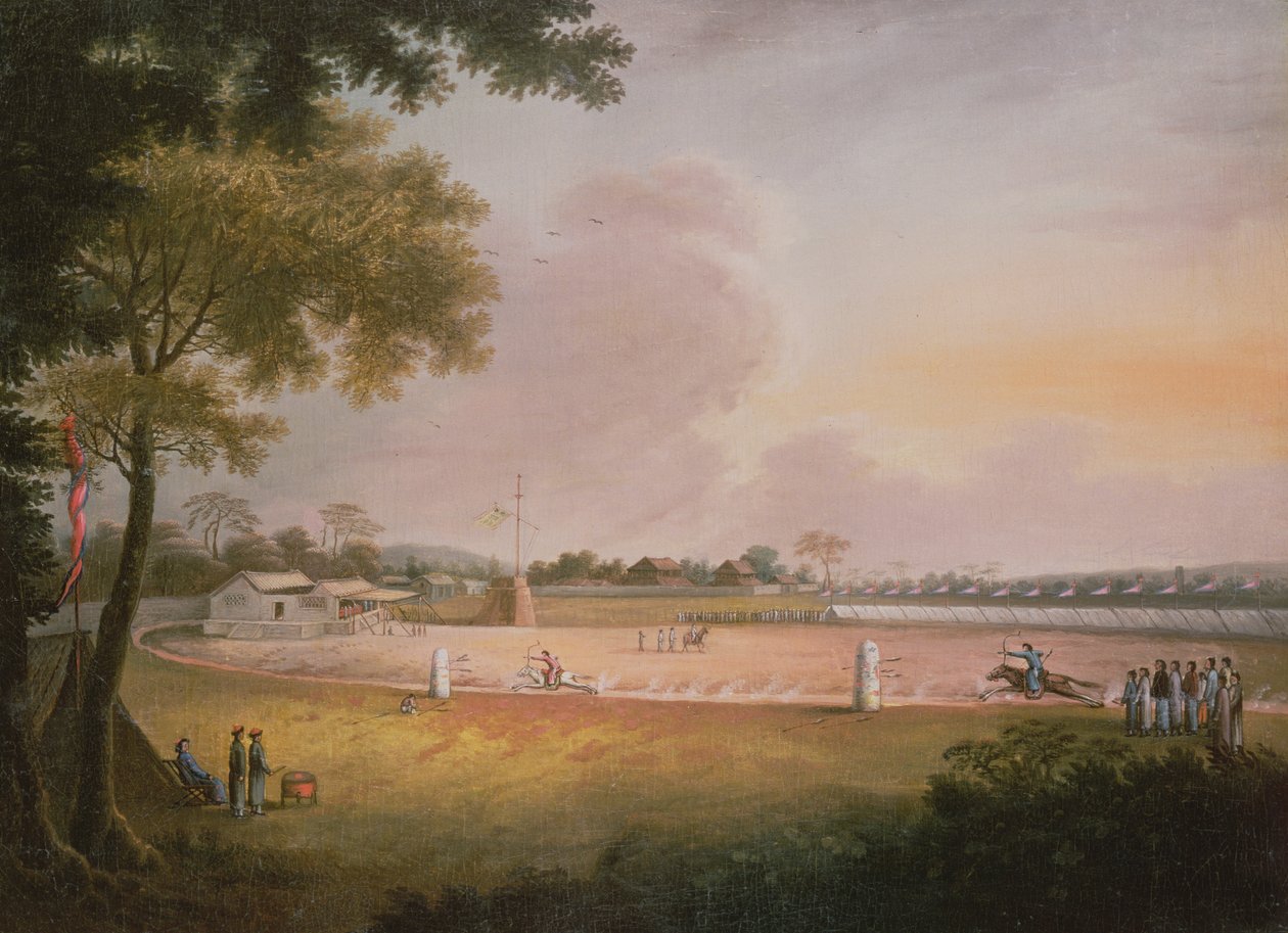 Um Torneio de Tiro com Arco Equestre em um Acampamento Militar, c.1850 de Qing Dynasty Chinese School