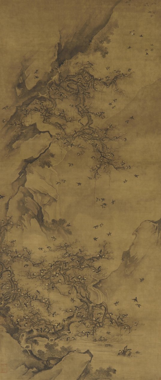 Pássaros, roosting, por, um, penhasco, tarde, 17th-18th, século de Qing Dynasty Chinese School