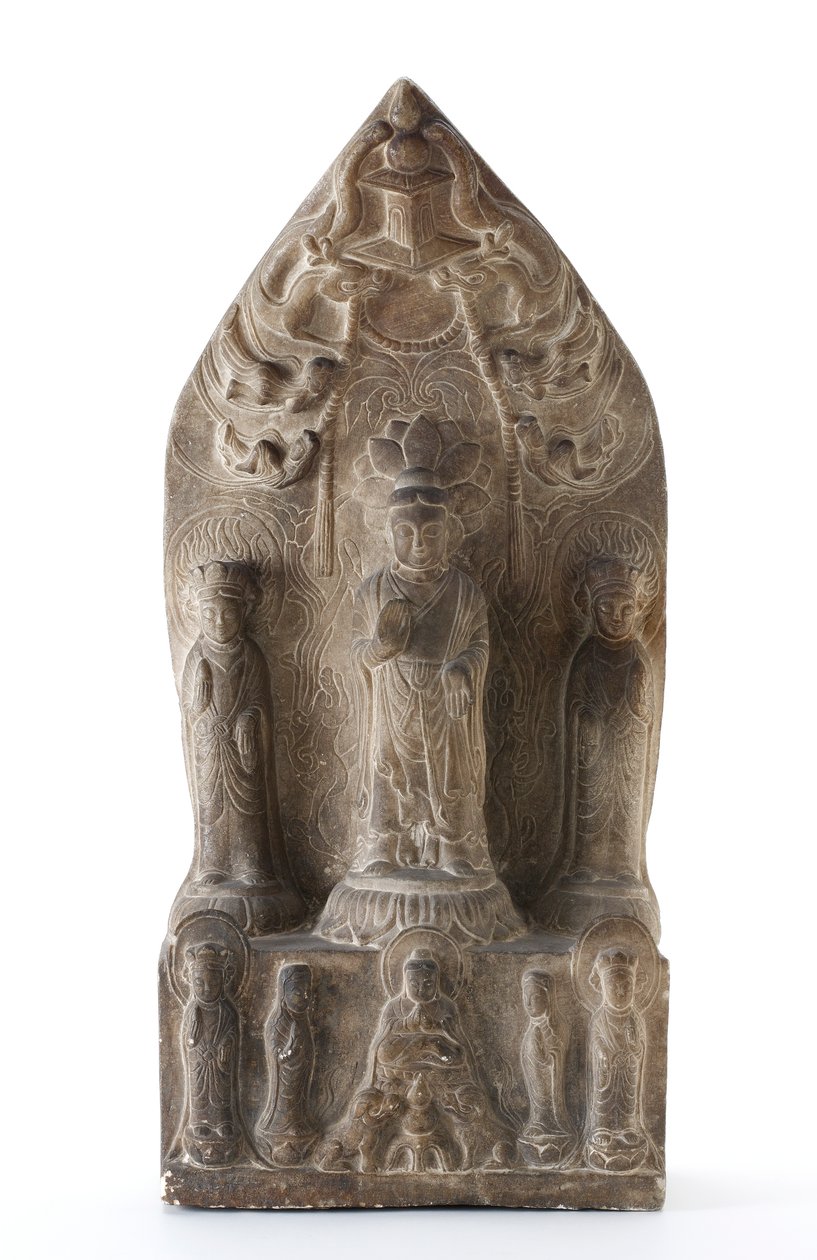 Trindade budista em relevo em pedestais de lótus antes de fundo apontado de Qing Dynasty Chinese School