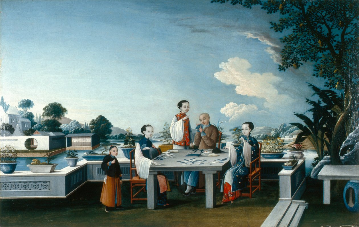 Jogadores de cartas num terraço aberto, c.1800 (óleo sobre tela) de Qing Dynasty Chinese School