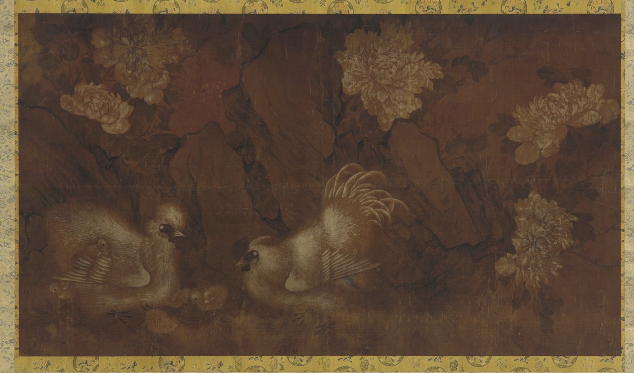 Galo, galinha e galinhas perto de arbustos de peônia (tinta e cor no painel de seda) de Qing Dynasty Chinese School