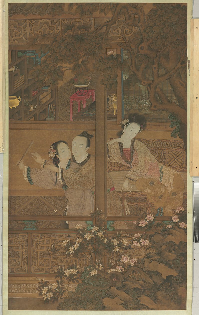 Sonho da Câmara Vermelha (pergaminho pendurado, tinta e cor sobre seda) de Qing Dynasty Chinese School