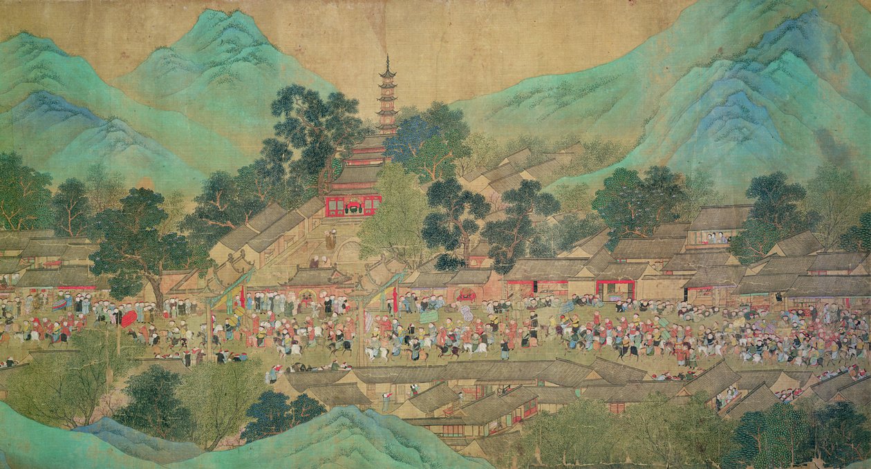 Visita do Imperador Kang Shi ao Kiang-Han em 1699, após Chaio Ping Chen (1661-1722) (tinta e cor sobre papel de seda) de Qing Dynasty Chinese School