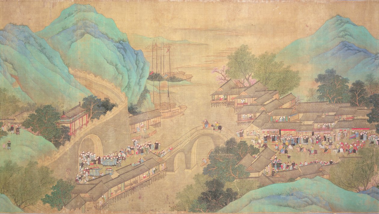 Visita do Imperador Kang Shi ao Kiang-Han em 1699, após Chaio Ping Chen (1661-1722) (tinta e cor sobre papel de seda) de Qing Dynasty Chinese School