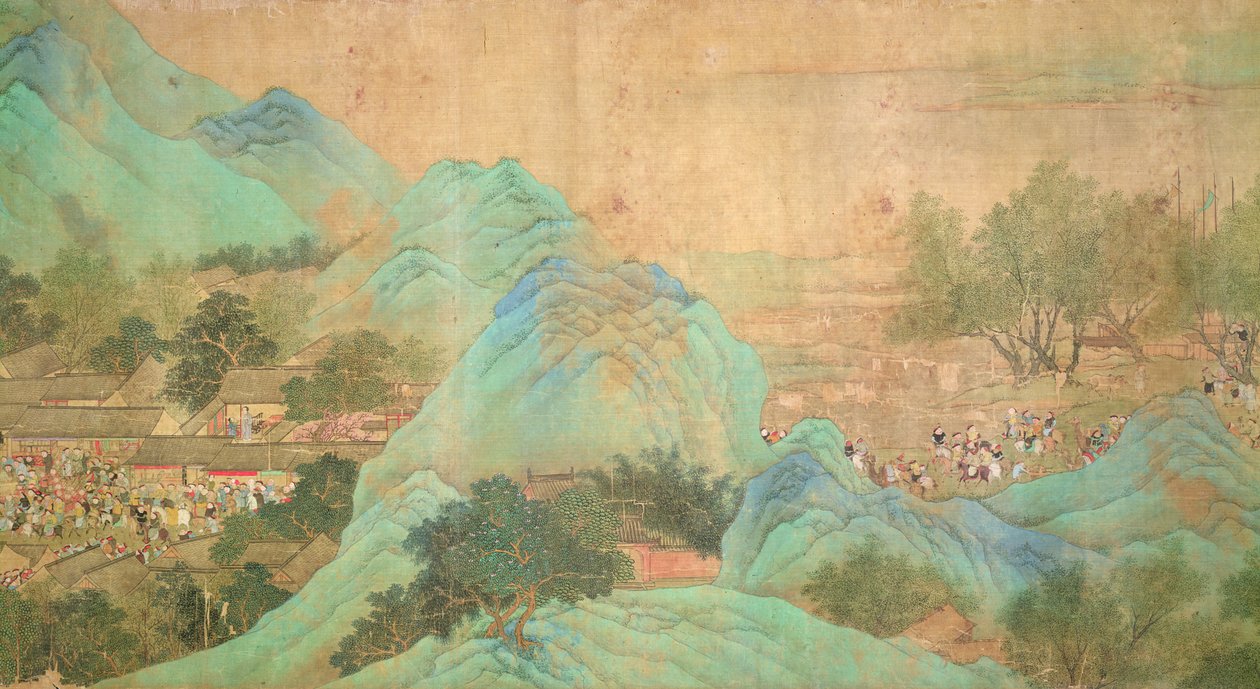 Visita do Imperador Kang Shi ao Kiang-Han em 1699, após Chaio Ping Chen (1661-1722) (tinta e cor sobre papel de seda) de Qing Dynasty Chinese School