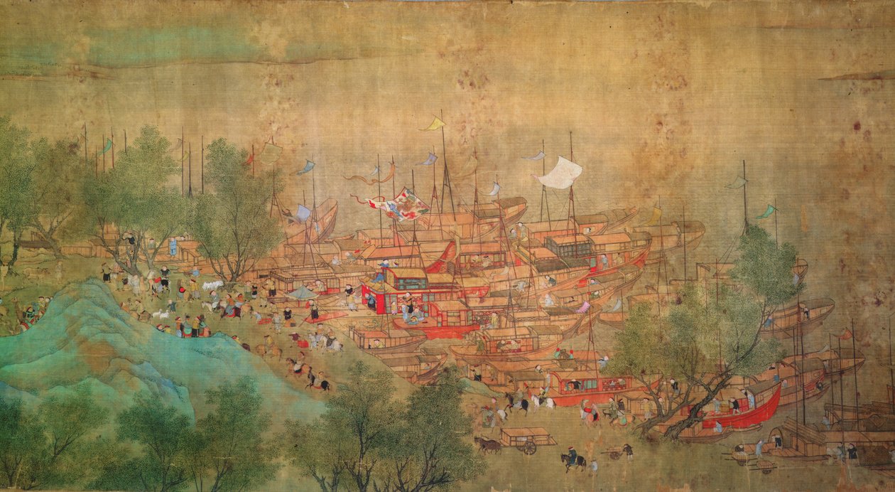A visita do imperador Kang Shi a Kiang-Han em 1699, depois de Chaio Ping Chen (1661-1722) (tinta e cor em papel de seda) de Qing Dynasty Chinese School