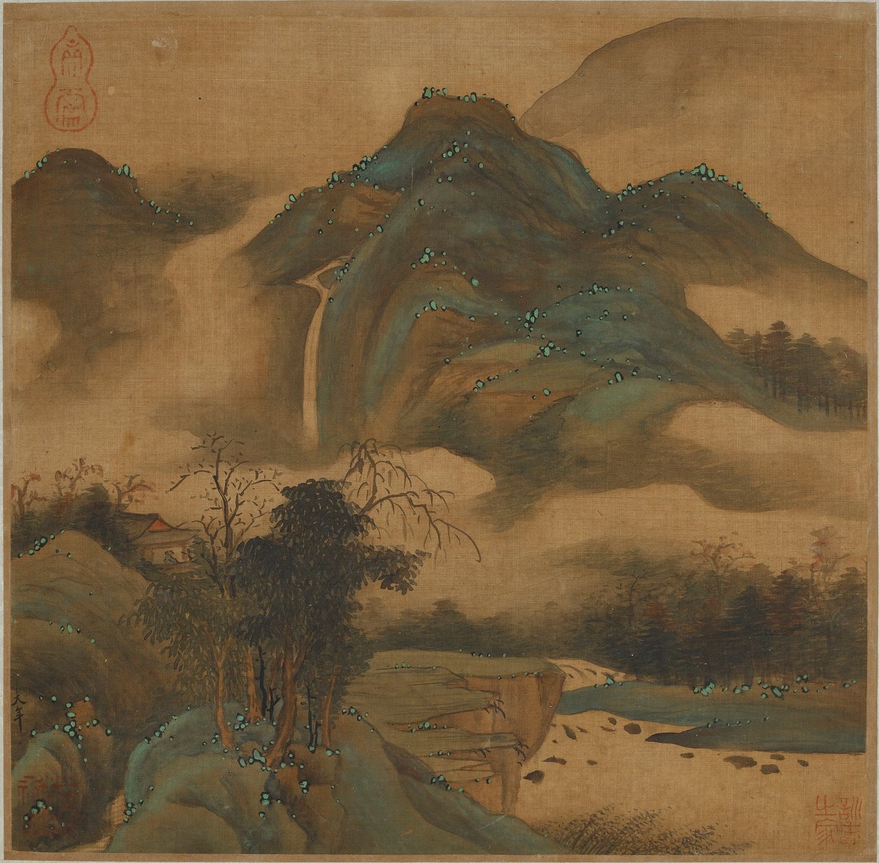 Olhando para uma cachoeira de uma cabana de montanha de Qing Dynasty Chinese School