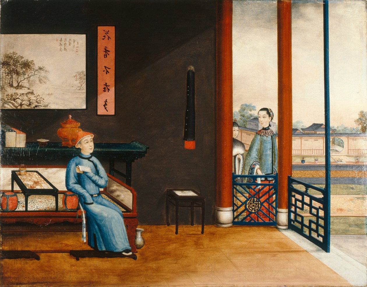 Cavalheiro a ler numa cama, c.1800 (óleo sobre tela) de Qing Dynasty Chinese School