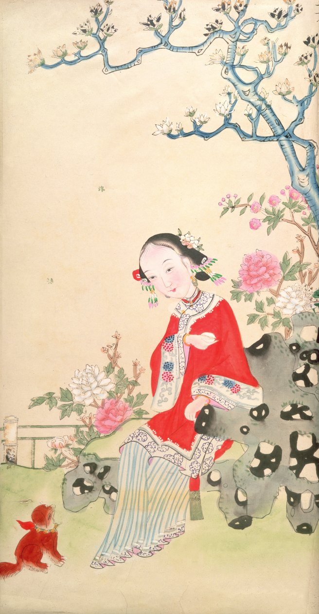 Menina sentada em uma cadeira de pedra rústica de Qing Dynasty Chinese School