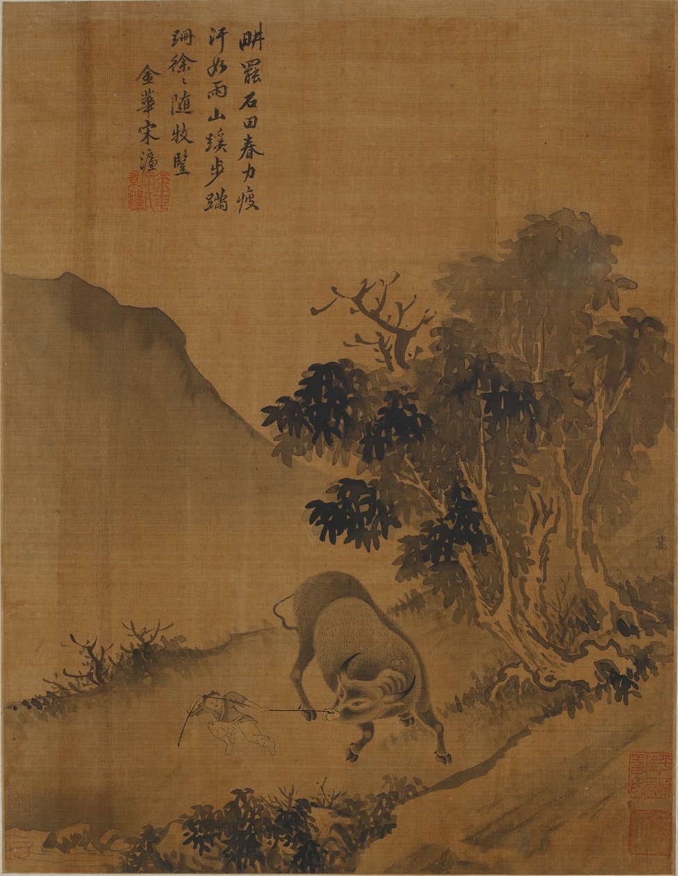 Rebanho-menino puxando búfalo de água de Qing Dynasty Chinese School