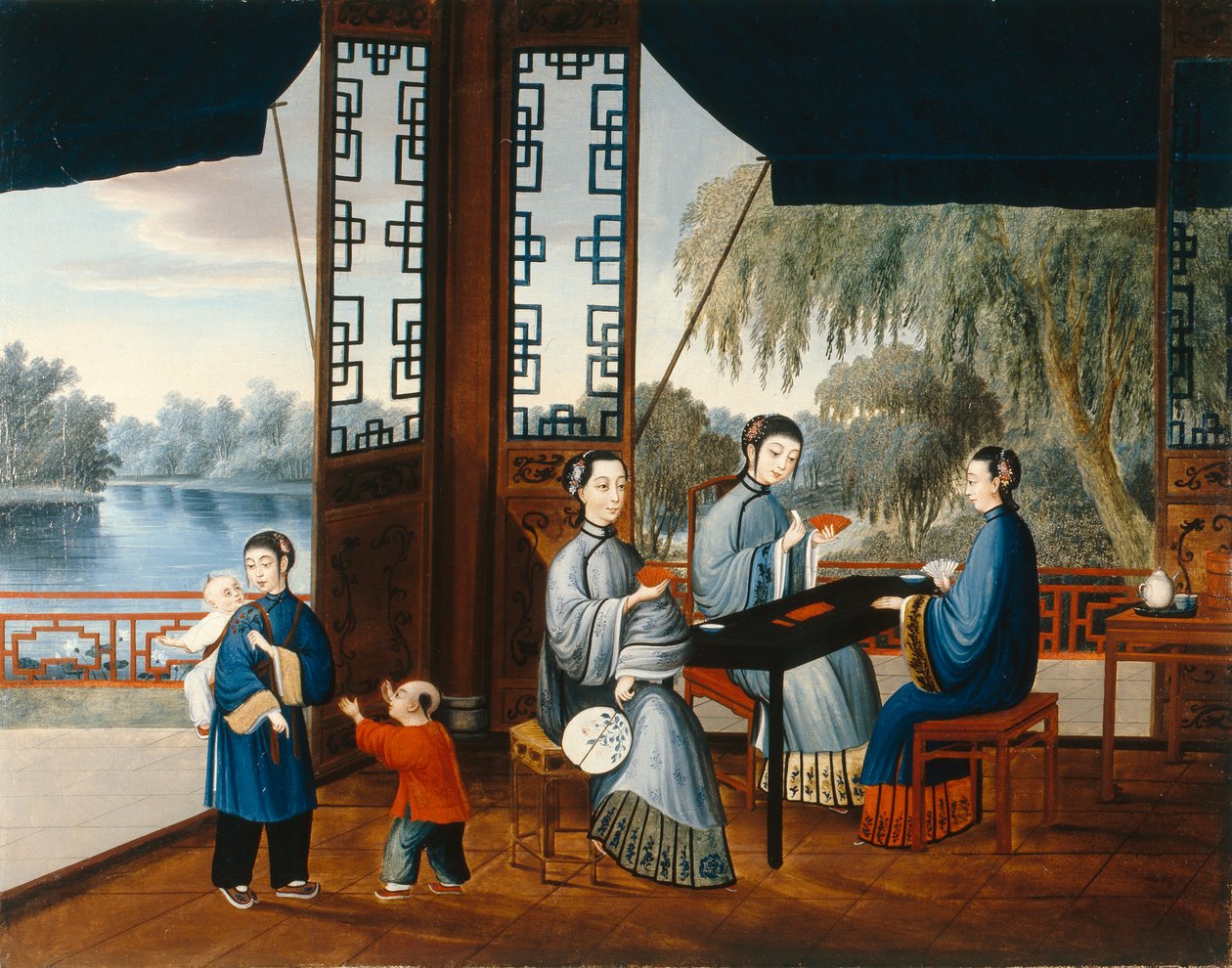 Senhoras a jogar às cartas, c.1800 (óleo sobre tela) de Qing Dynasty Chinese School