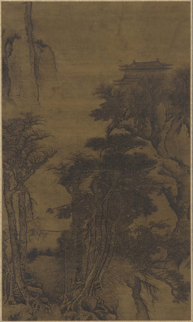 Paisagem, com, templo, e, viajantes de Qing Dynasty Chinese School
