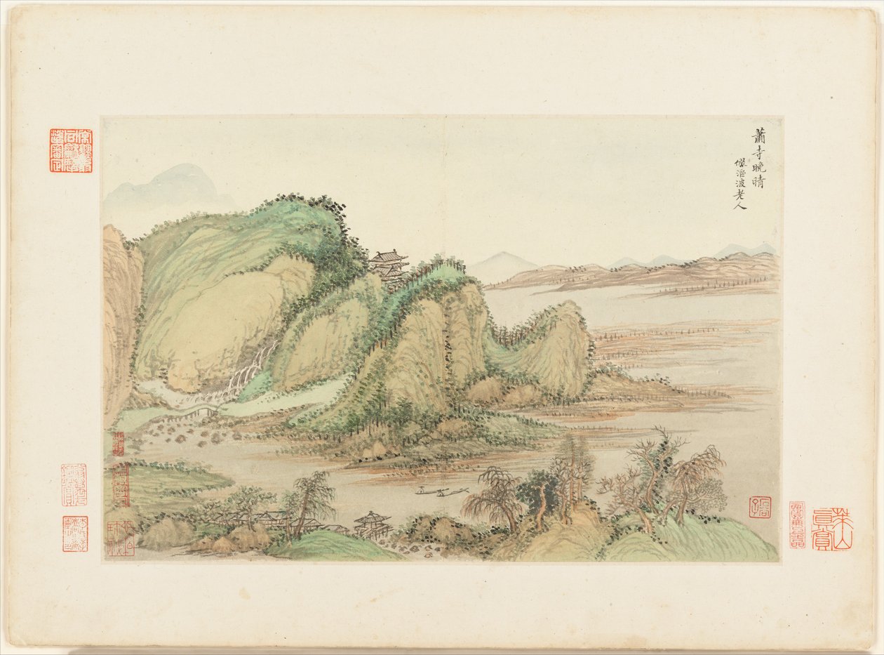 Paisagens segundo os antigos mestres, datadas de 1674 e 1677 (álbum de doze folhas; tinta e cor sobre papel) de Qing Dynasty Chinese School