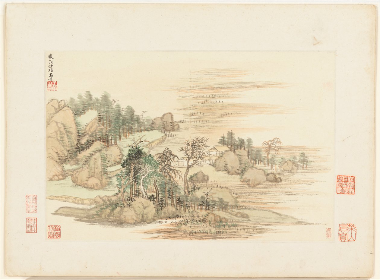 Paisagens segundo os antigos mestres, datadas de 1674 e 1677 (álbum de doze folhas; tinta e cor sobre papel) de Qing Dynasty Chinese School