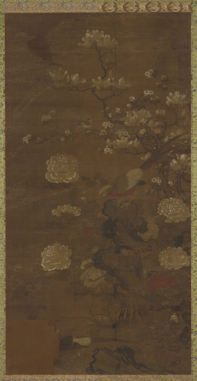 Magnólias, peônias e faisões de Qing Dynasty Chinese School