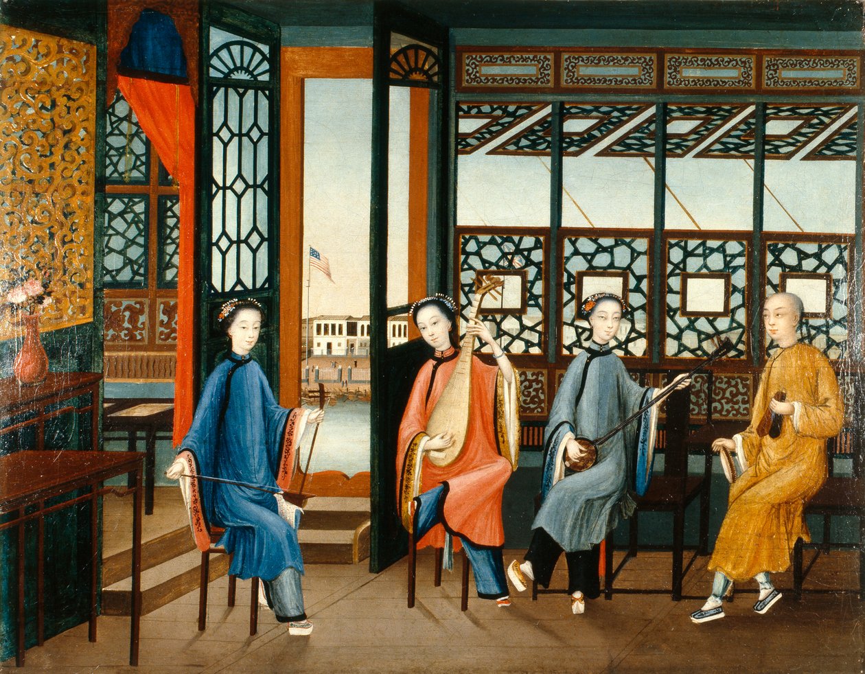 Quarteto musical com uma bandeira americana, c.1800 (óleo sobre tela) de Qing Dynasty Chinese School