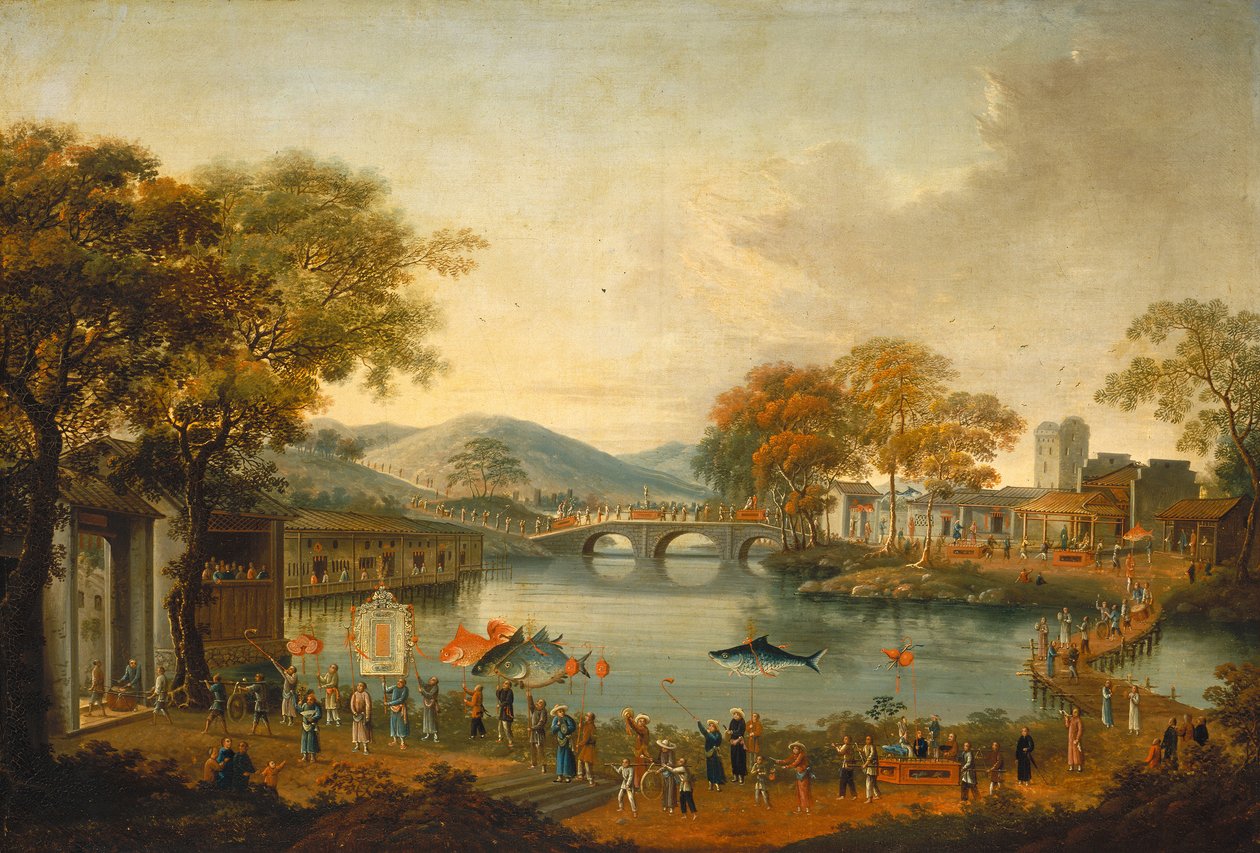 Procissão por um lago (óleo no tecido) de Qing Dynasty Chinese School