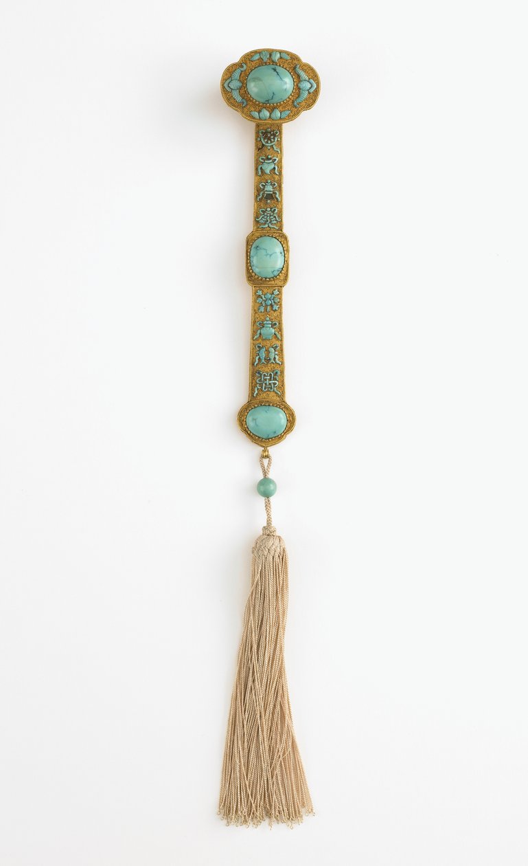Cetro Ruyi, reinado de Qianlong (ouro, turquesa e seda) de Qing Dynasty Chinese School