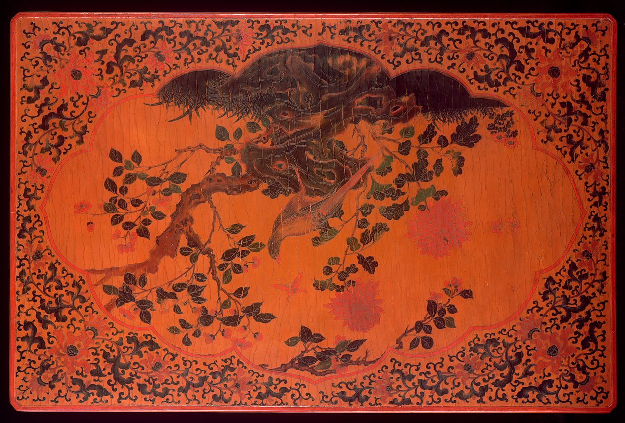 Tampo da Mesa, período Kangxi (1662-1722) (madeira laqueada e tecido de cânhamo) (ver também 272135) de Qing Dynasty Chinese School