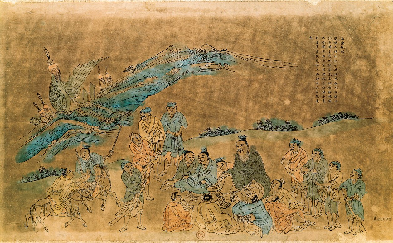 O filósofo chinês Confúcio (Kong Fu Zi) (551-479 AC) rodeia os seus discípulos (aguarela) de Qing Dynasty Chinese School