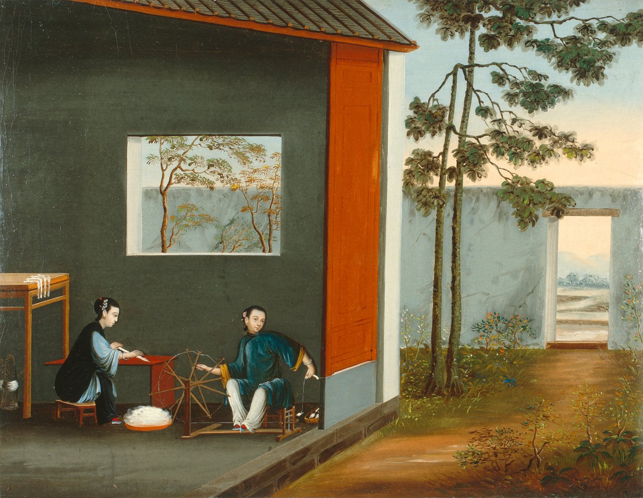Duas mulheres a fiar, c.1800 (óleo sobre tela) de Qing Dynasty Chinese School