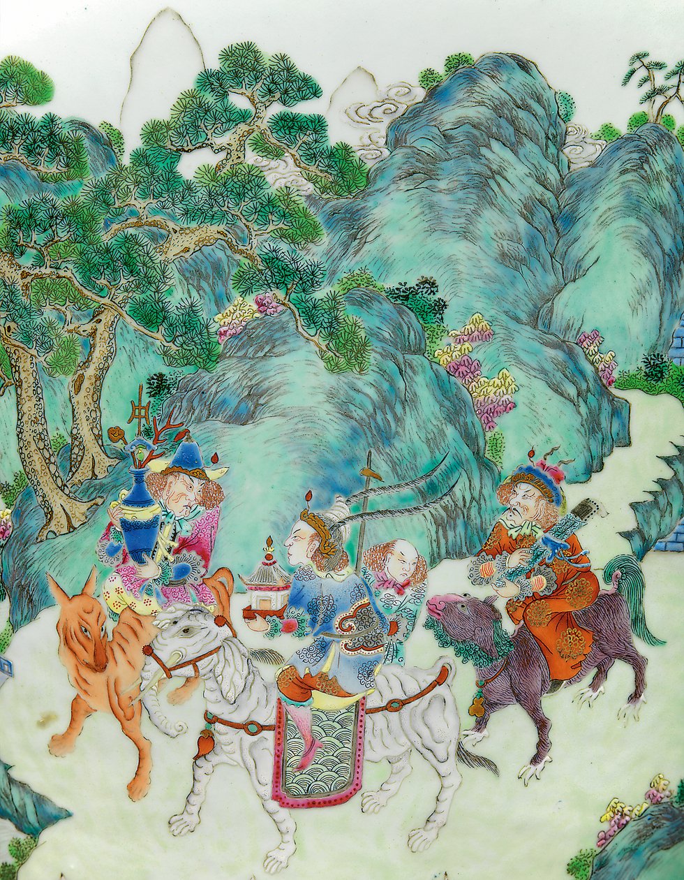 Detalhe de um de um par de vasos de rosas da família imperial (cerâmica) de Qing Dynasty   Jiaqing Period Chinese School