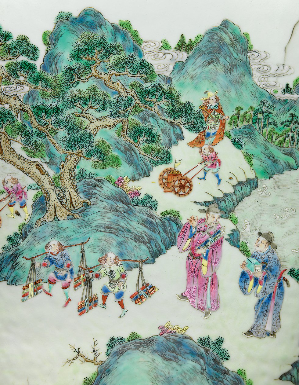 Detalhe de um de um par de vasos de rosas da família imperial (cerâmica) de Qing Dynasty   Jiaqing Period Chinese School