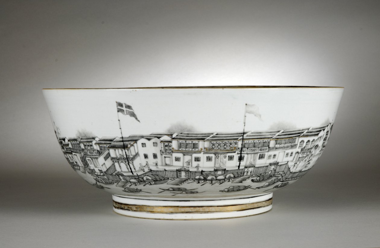 Punch bowl pintado com armazéns ou Hongs, Cantão (Guangzhou) de Qing Dynasty   Qianlong Period Chinese School