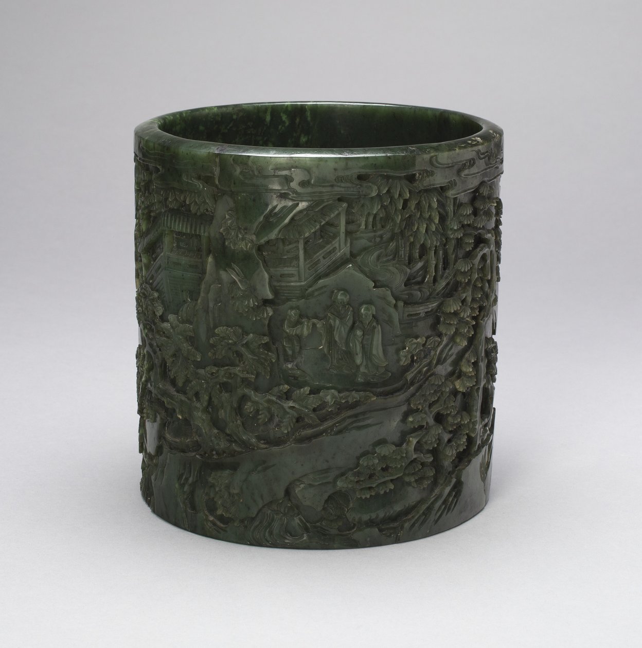 Brushpot com estudiosos e assistentes em uma paisagem montanhosa (jade com decoração esculpida) de Qing Dynasty Chinese School