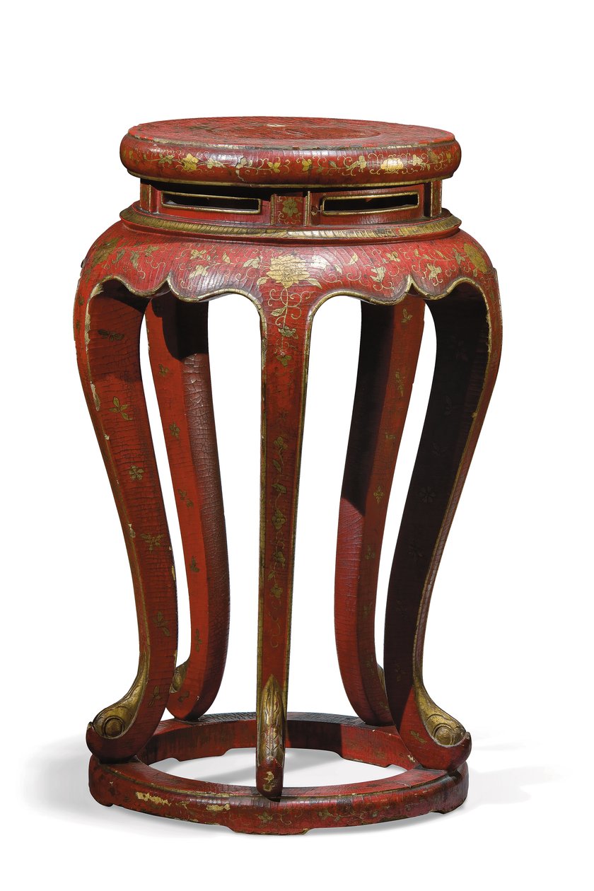 Jardinière (lacado em vermelho com detalhes em ouro, marrom e verde) de Qing Dynasty Chinese School