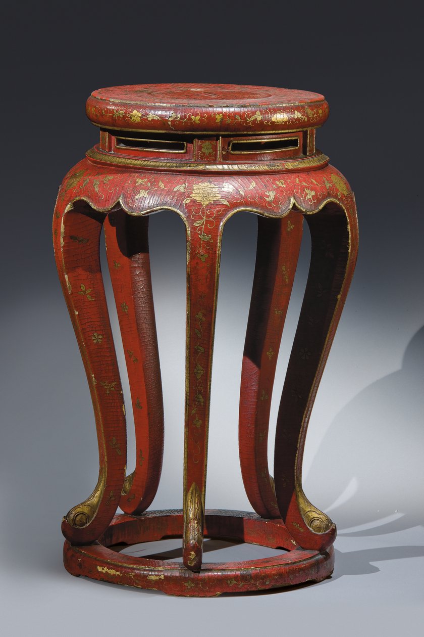 Jardinière (lacado em vermelho com detalhes em ouro, marrom e verde) de Qing Dynasty Chinese School
