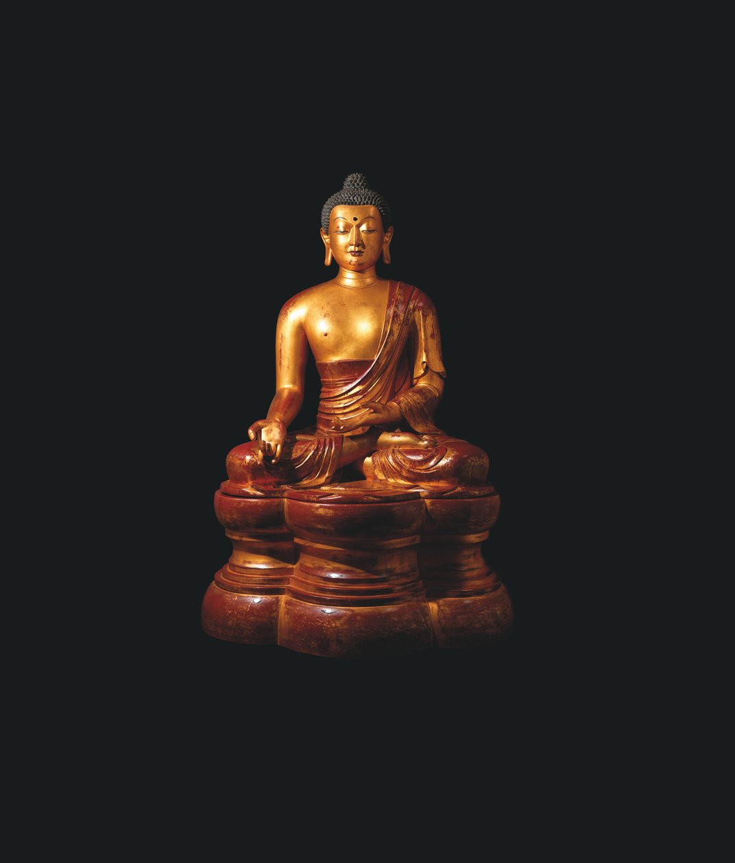 Monumental imperial em madeira lacada a ouro do Buda da Medicina de Qing Dynasty Chinese School